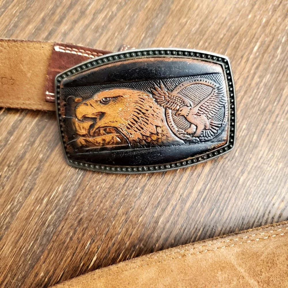 Vintage Leather Overlay Eagle Belt Buckle w/Full‎ Grain Leather Belt 38-40